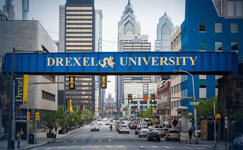 a drexel university sign over a street in philadelphia