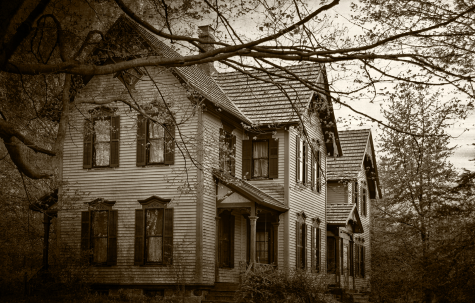 an abandoned haunted looking house