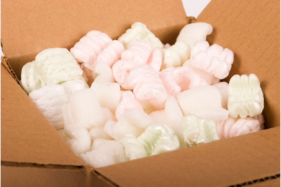 a moving box filled with packing peanuts